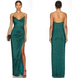 Retrofete Katya Dress Green Sz Small Sequins Gown Cowl Neckline High Slit $795